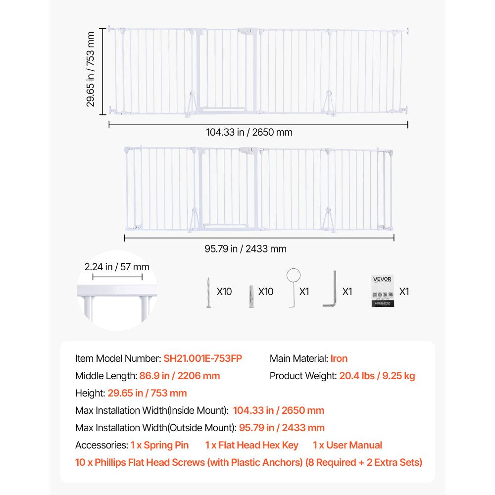 VEVOR Freestanding Dog Gate 30" Tall 4-Panel Foldable Metal Pet Gate White, For Stairs Doorways, Dual-Triangle Support, Sturdy Metal Construction, Freestanding or Wall Mount, Flexible Shapes, Easy Fit