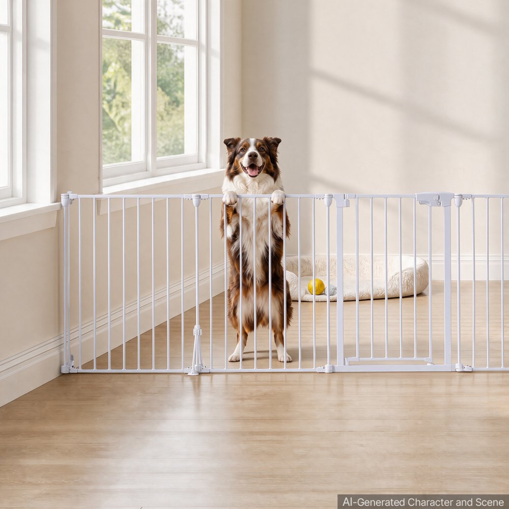 VEVOR Freestanding Dog Gate 30" Tall 4-Panel Foldable Metal Pet Gate White, For Stairs Doorways, Dual-Triangle Support, Sturdy Metal Construction, Freestanding or Wall Mount, Flexible Shapes, Easy Fit