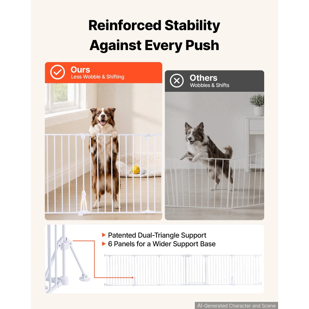 VEVOR Freestanding Dog Gate 30" Tall 6-Panel Foldable Metal Pet Gate White, For Stairs Doorways, Dual-Triangle Support, Sturdy Metal Construction, Freestanding or Wall Mount, Flexible Shapes, Easy Fit
