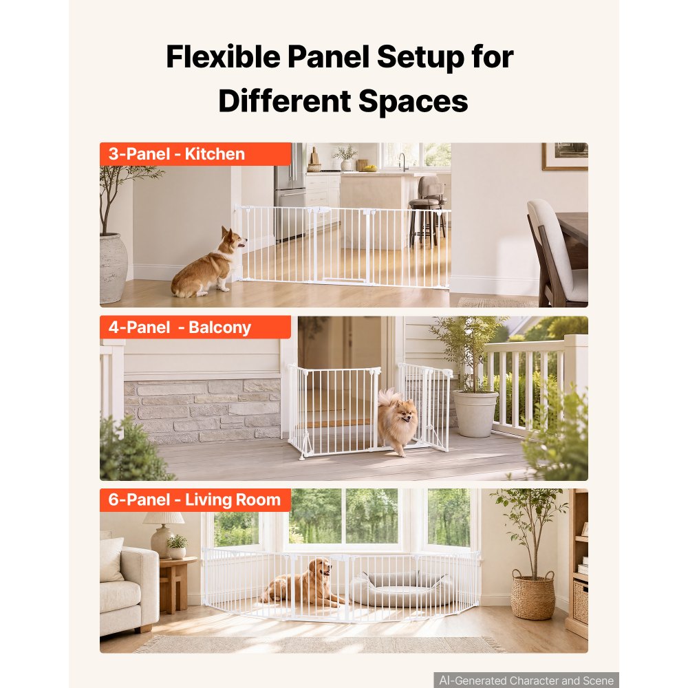 VEVOR Freestanding Dog Gate 30" Tall 6-Panel Foldable Metal Pet Gate White, For Stairs Doorways, Dual-Triangle Support, Sturdy Metal Construction, Freestanding or Wall Mount, Flexible Shapes, Easy Fit