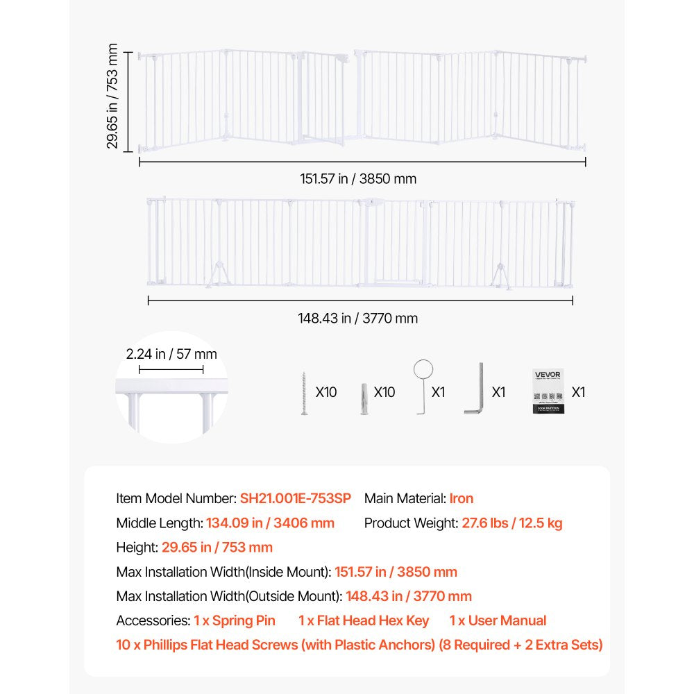 VEVOR Freestanding Dog Gate 30" Tall 6-Panel Foldable Metal Pet Gate White, For Stairs Doorways, Dual-Triangle Support, Sturdy Metal Construction, Freestanding or Wall Mount, Flexible Shapes, Easy Fit