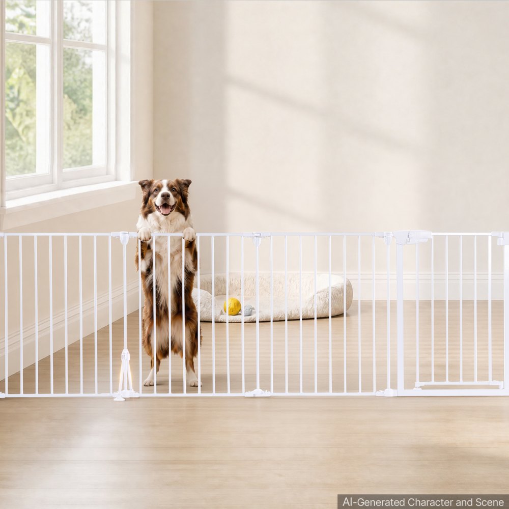 VEVOR Freestanding Dog Gate 30" Tall 6-Panel Foldable Metal Pet Gate White, For Stairs Doorways, Dual-Triangle Support, Sturdy Metal Construction, Freestanding or Wall Mount, Flexible Shapes, Easy Fit