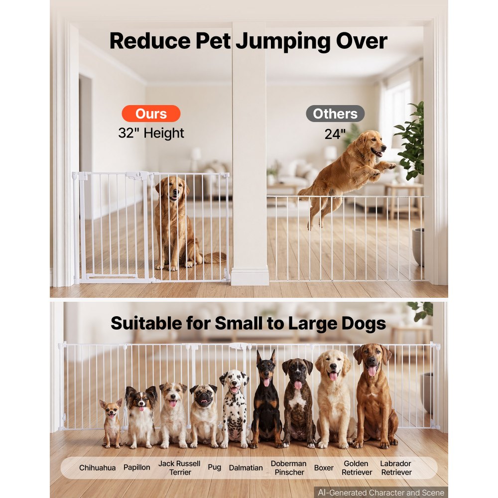 VEVOR Freestanding Dog Gate 32" Tall 6-Panel Foldable Metal Pet Gate White, For Stairs Doorways, Dual-Triangle Support, Sturdy Metal Construction, Freestanding or Wall Mount, Flexible Shapes, Easy Fit