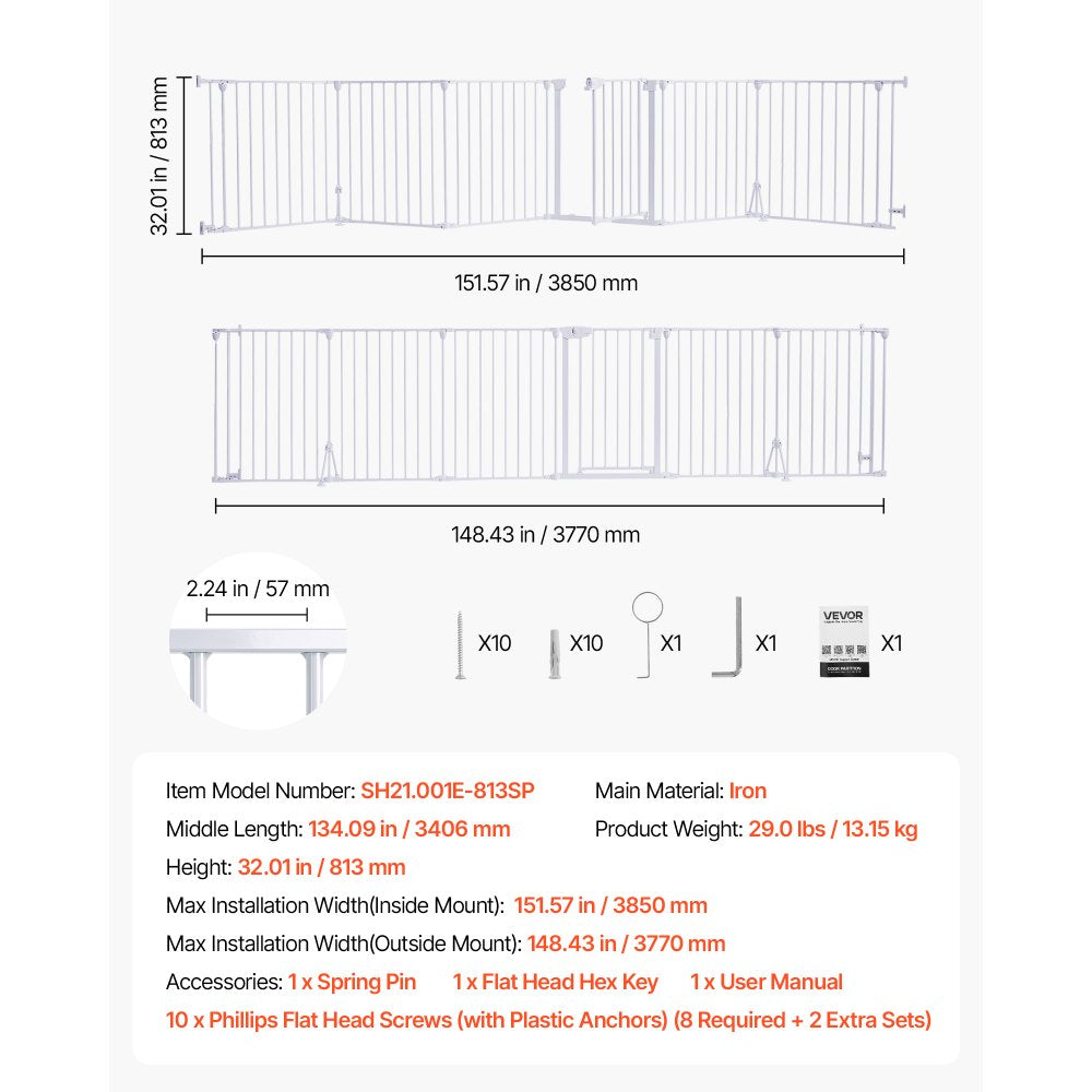VEVOR Freestanding Dog Gate 32" Tall 6-Panel Foldable Metal Pet Gate White, For Stairs Doorways, Dual-Triangle Support, Sturdy Metal Construction, Freestanding or Wall Mount, Flexible Shapes, Easy Fit