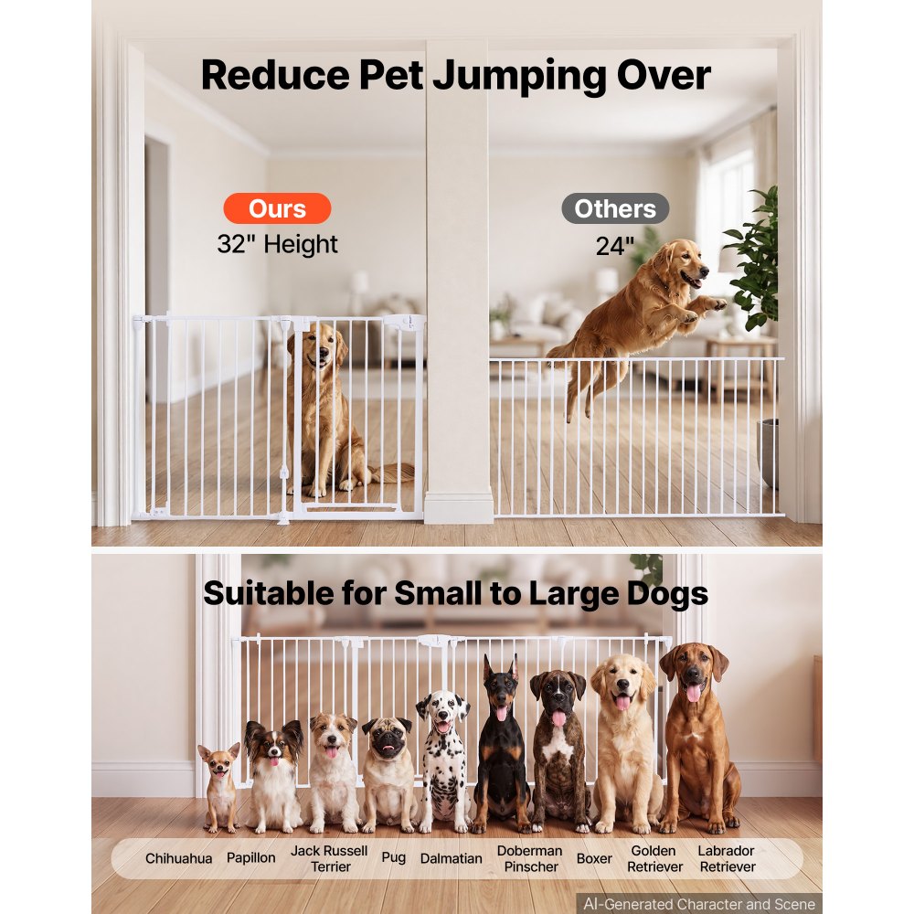 VEVOR Freestanding Dog Gate 32" Tall 4-Panel Foldable Metal Pet Gate White, For Stairs Doorways, Dual-Triangle Support, Sturdy Metal Construction, Freestanding or Wall Mount, Flexible Shapes, Easy Fit