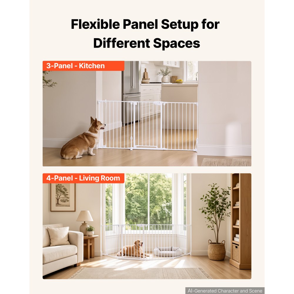 VEVOR Freestanding Dog Gate 32" Tall 4-Panel Foldable Metal Pet Gate White, For Stairs Doorways, Dual-Triangle Support, Sturdy Metal Construction, Freestanding or Wall Mount, Flexible Shapes, Easy Fit