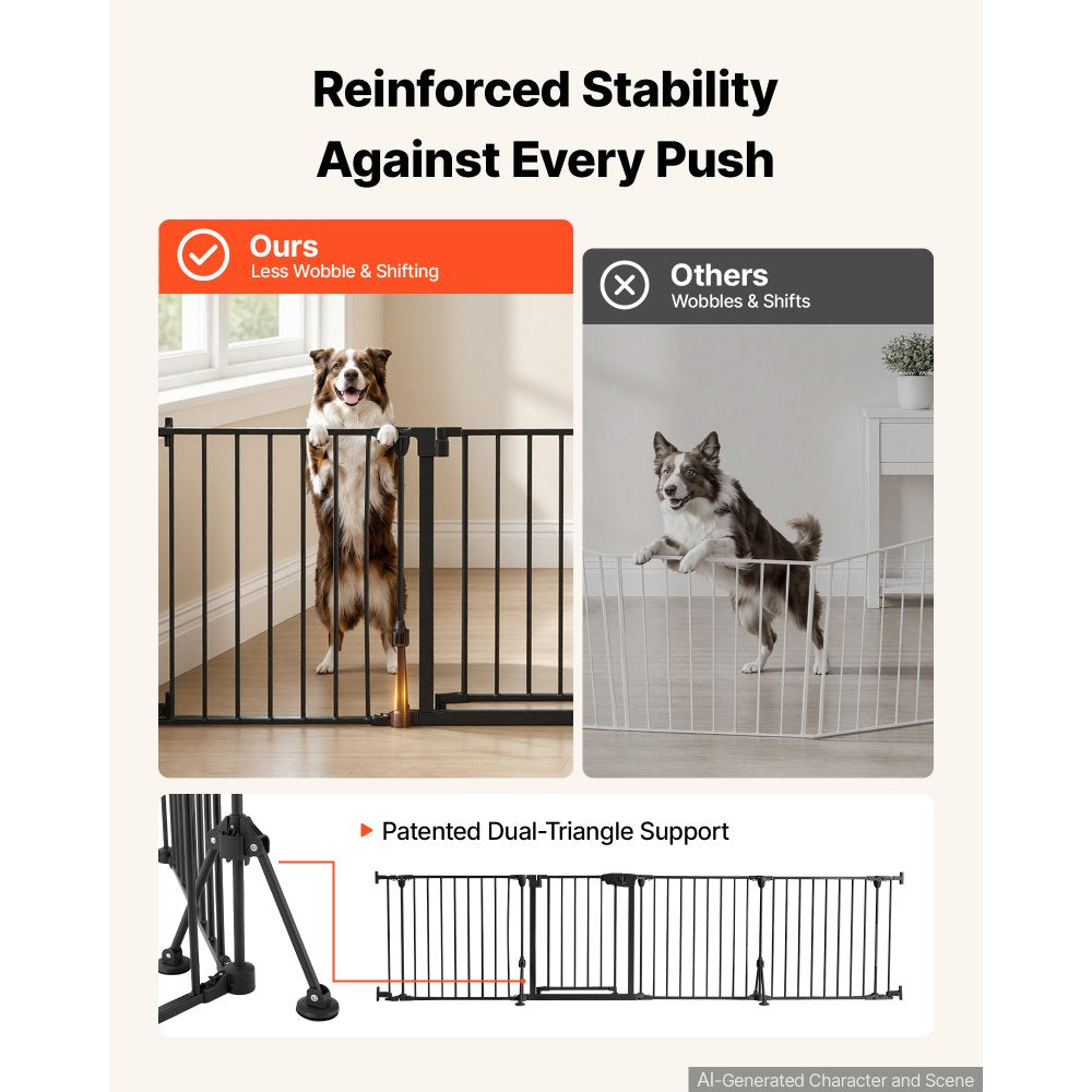 VEVOR Freestanding Dog Gate 24" Tall 4-Panel Foldable Metal Pet Gate Black, For Stairs Doorways, Dual-Triangle Support, Sturdy Metal Construction, Freestanding or Wall Mount, Flexible Shapes, Easy Fit
