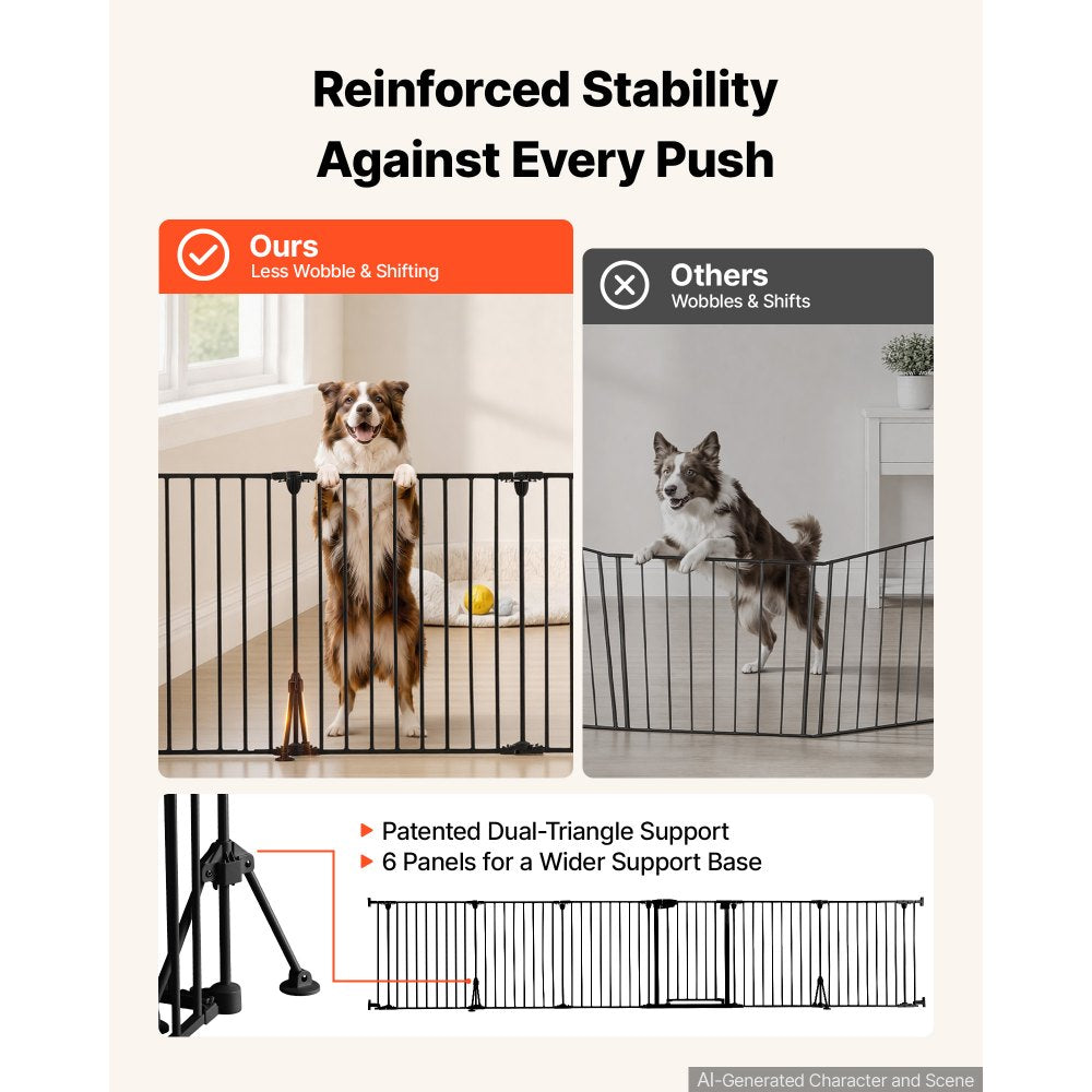 VEVOR Freestanding Dog Gate 30" Tall 6-Panel Foldable Metal Pet Gate Black, For Stairs Doorways, Dual-Triangle Support, Sturdy Metal Construction, Freestanding or Wall Mount, Flexible Shapes, Easy Fit