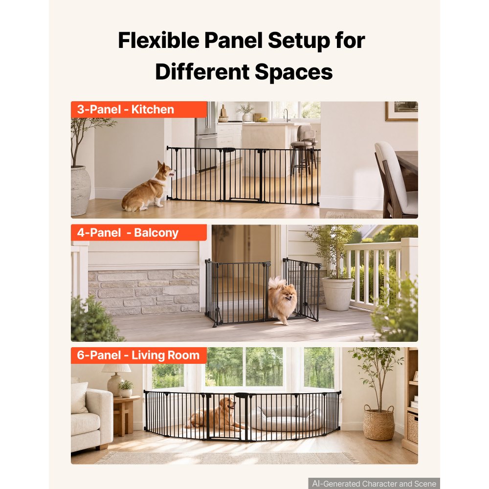 VEVOR Freestanding Dog Gate 30" Tall 6-Panel Foldable Metal Pet Gate Black, For Stairs Doorways, Dual-Triangle Support, Sturdy Metal Construction, Freestanding or Wall Mount, Flexible Shapes, Easy Fit