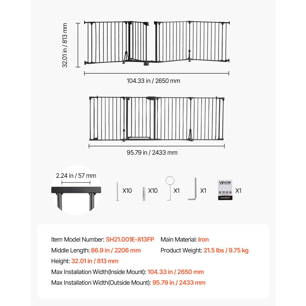 VEVOR Freestanding Dog Gate 32" Tall 4-Panel Foldable Metal Pet Gate Black, For Stairs Doorways, Dual-Triangle Support, Sturdy Metal Construction, Freestanding or Wall Mount, Flexible Shapes, Easy Fit