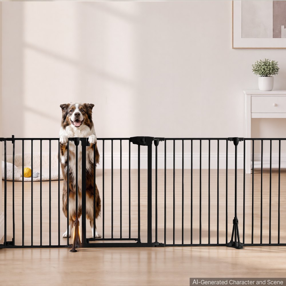 VEVOR Freestanding Dog Gate 32" Tall 4-Panel Foldable Metal Pet Gate Black, For Stairs Doorways, Dual-Triangle Support, Sturdy Metal Construction, Freestanding or Wall Mount, Flexible Shapes, Easy Fit