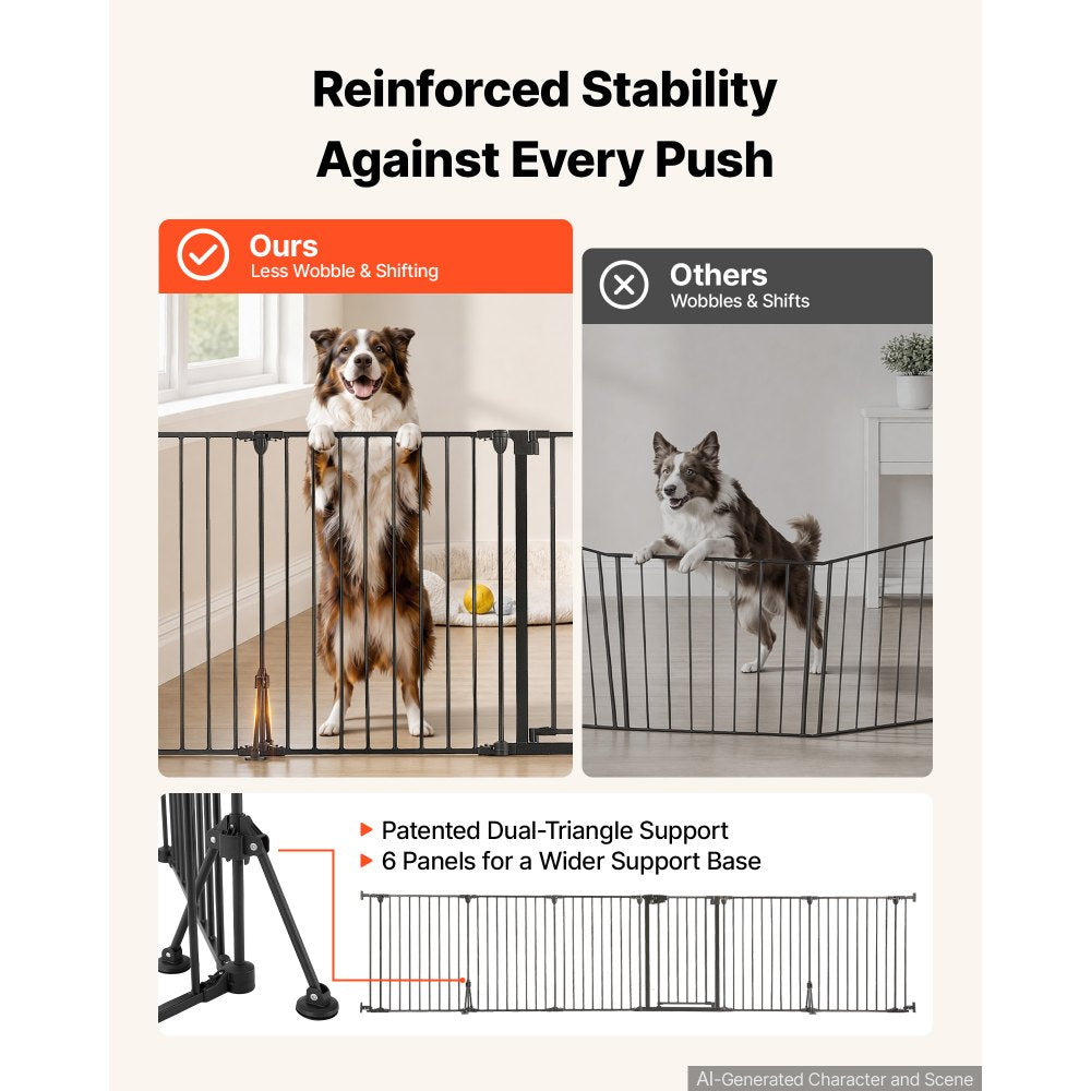 VEVOR Freestanding Dog Gate 32" Tall 6-Panel Foldable Metal Pet Gate Black, For Stairs Doorways, Dual-Triangle Support, Sturdy Metal Construction, Freestanding or Wall Mount, Flexible Shapes, Easy Fit