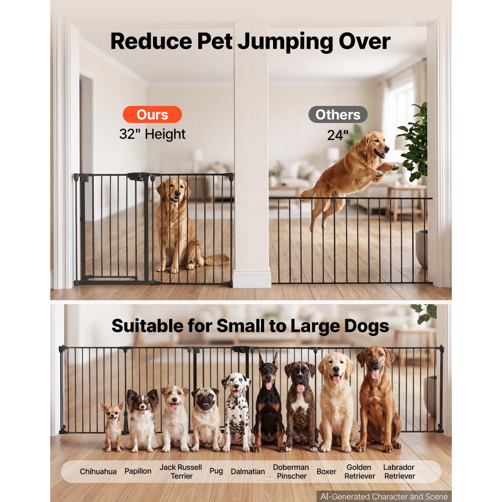VEVOR Freestanding Dog Gate 32" Tall 6-Panel Foldable Metal Pet Gate Black, For Stairs Doorways, Dual-Triangle Support, Sturdy Metal Construction, Freestanding or Wall Mount, Flexible Shapes, Easy Fit
