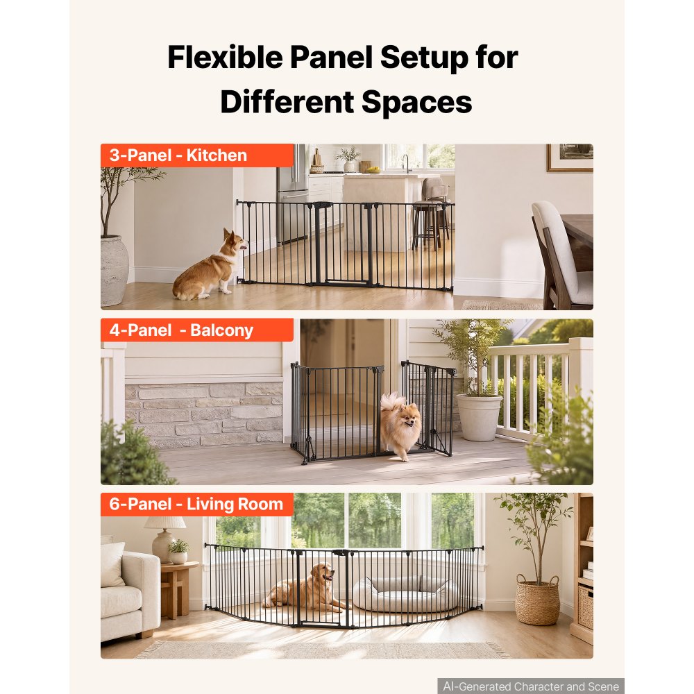VEVOR Freestanding Dog Gate 32" Tall 6-Panel Foldable Metal Pet Gate Black, For Stairs Doorways, Dual-Triangle Support, Sturdy Metal Construction, Freestanding or Wall Mount, Flexible Shapes, Easy Fit