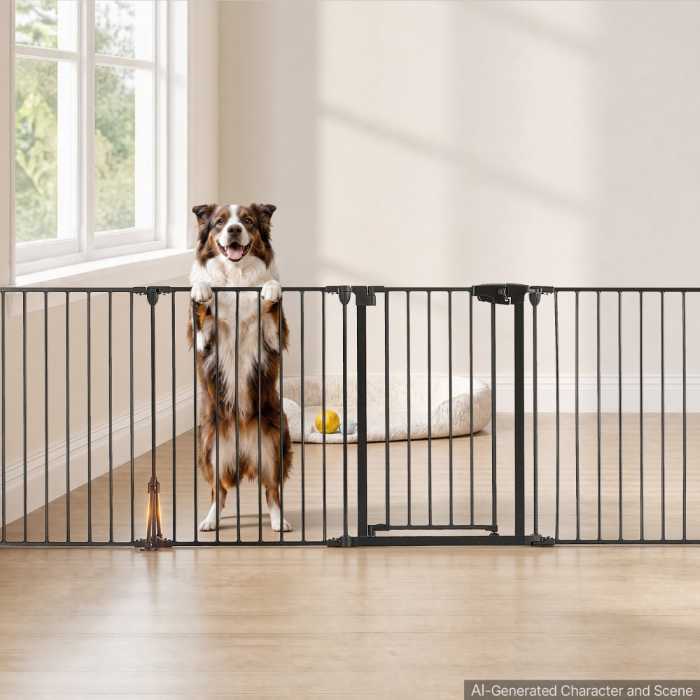 VEVOR Freestanding Dog Gate 32" Tall 6-Panel Foldable Metal Pet Gate Black, For Stairs Doorways, Dual-Triangle Support, Sturdy Metal Construction, Freestanding or Wall Mount, Flexible Shapes, Easy Fit
