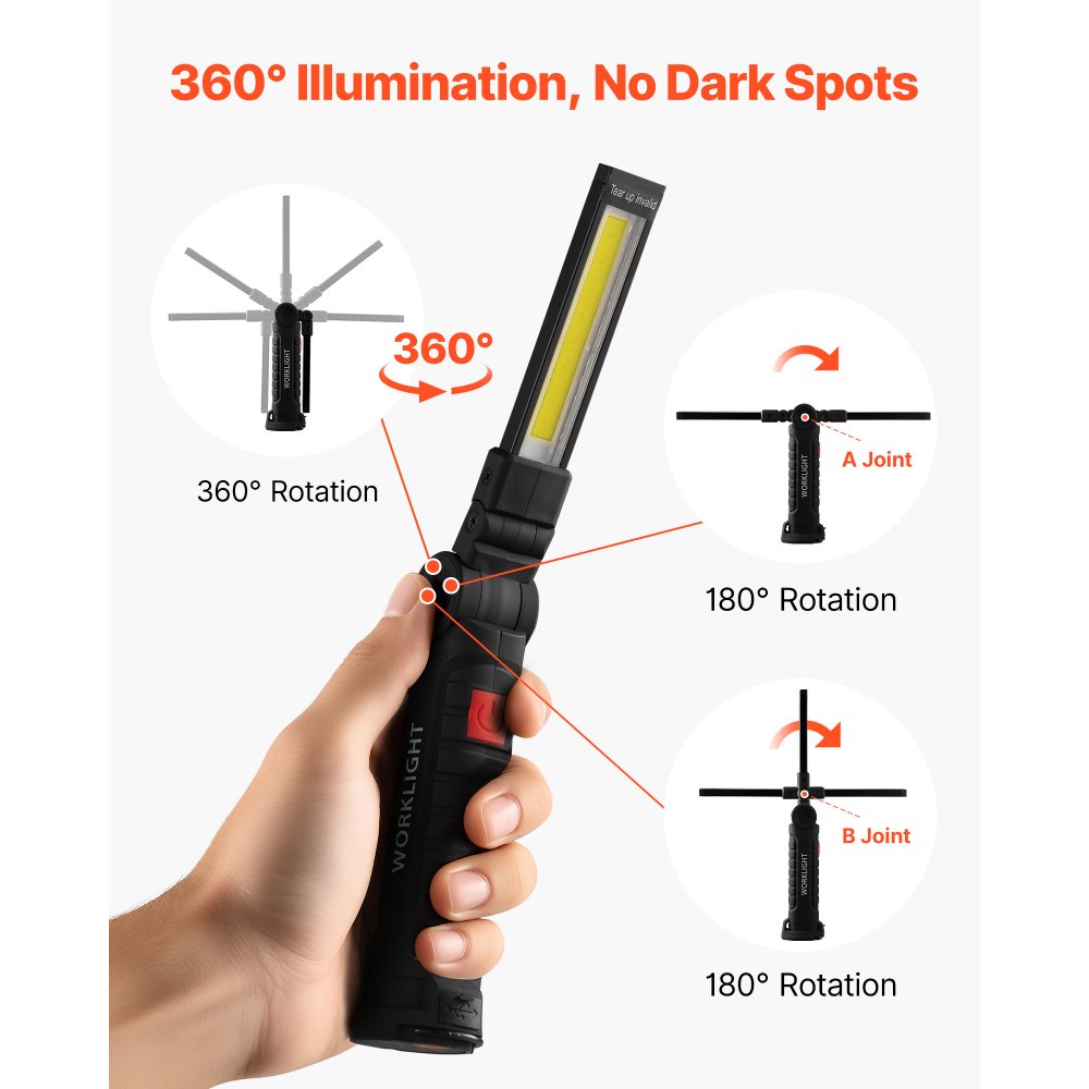 VEVOR Rechargeable LED Work Light, 1200 mAh, Magnetic Mechanic Flashlight with Magnetic Base, 360° Rotation, 5 Lighting Modes, Foldable Grill Lamp for Mechanics, Car Repairs, Home, Emergency (2 Pack)