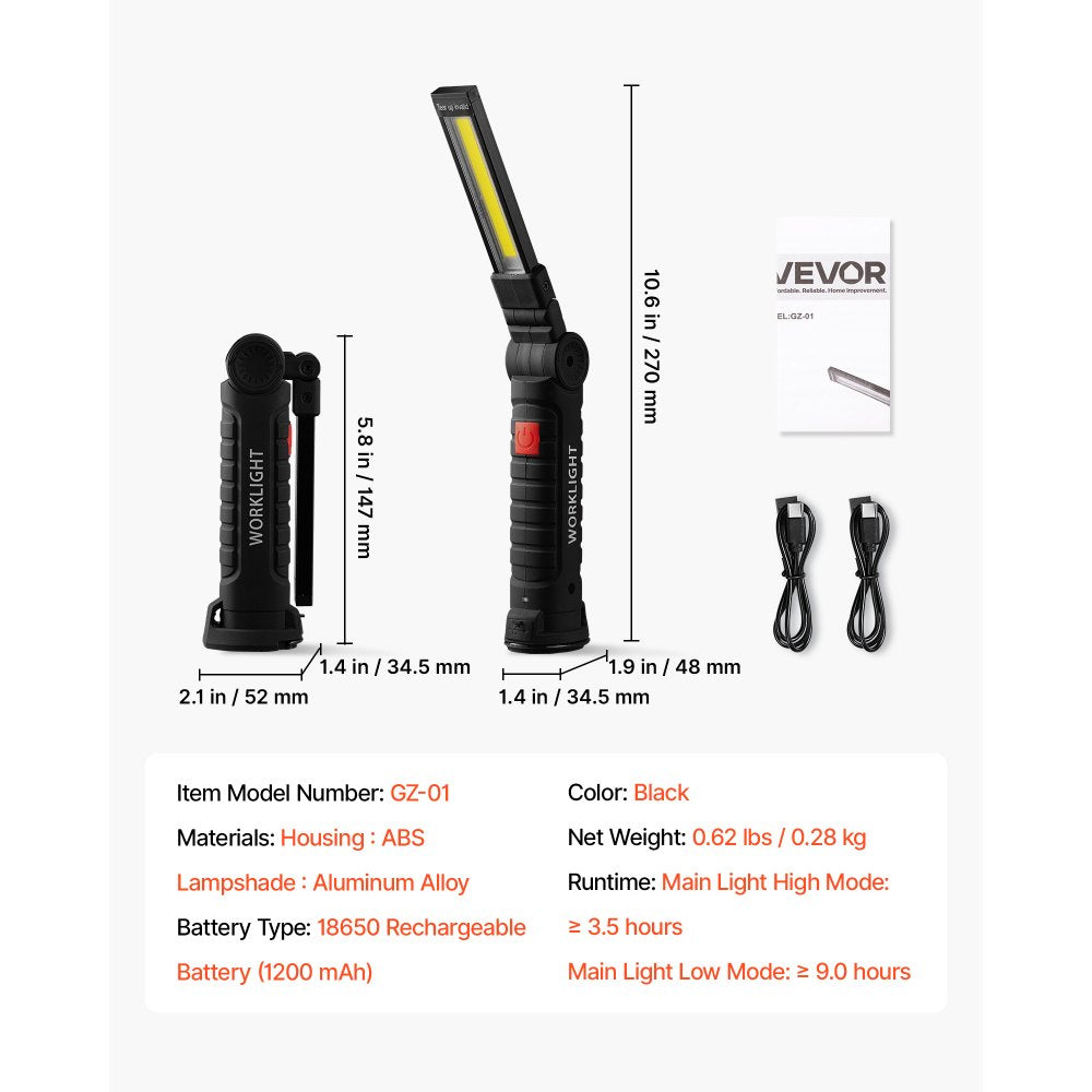 VEVOR Rechargeable LED Work Light, 1200 mAh, Magnetic Mechanic Flashlight with Magnetic Base, 360° Rotation, 5 Lighting Modes, Foldable Grill Lamp for Mechanics, Car Repairs, Home, Emergency (2 Pack)