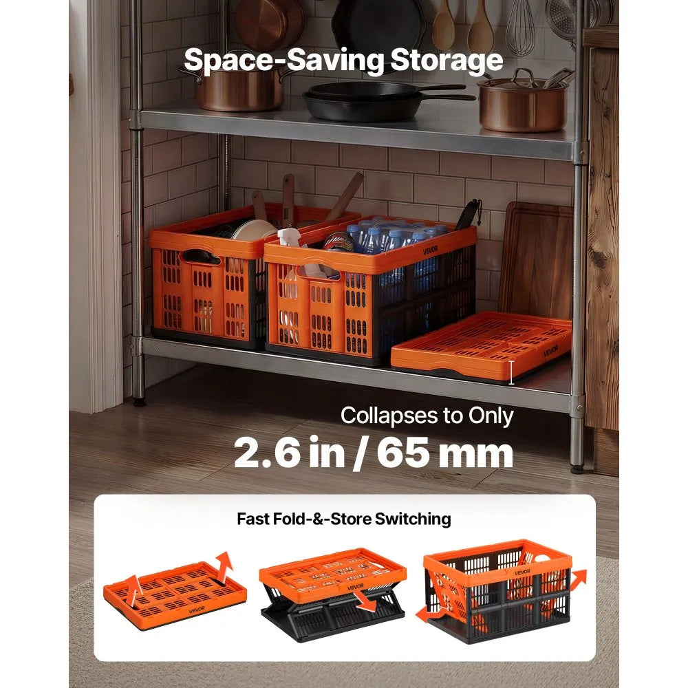 VEVOR Plastic Collapsible Storage Bins, 45L 6 Packs, Stackable Folding Storage Crates with Handles, Holds 33 lbs Per Bin, Foldable Heavy Duty Containers, Space-Saving Baskets, for Home Organizing