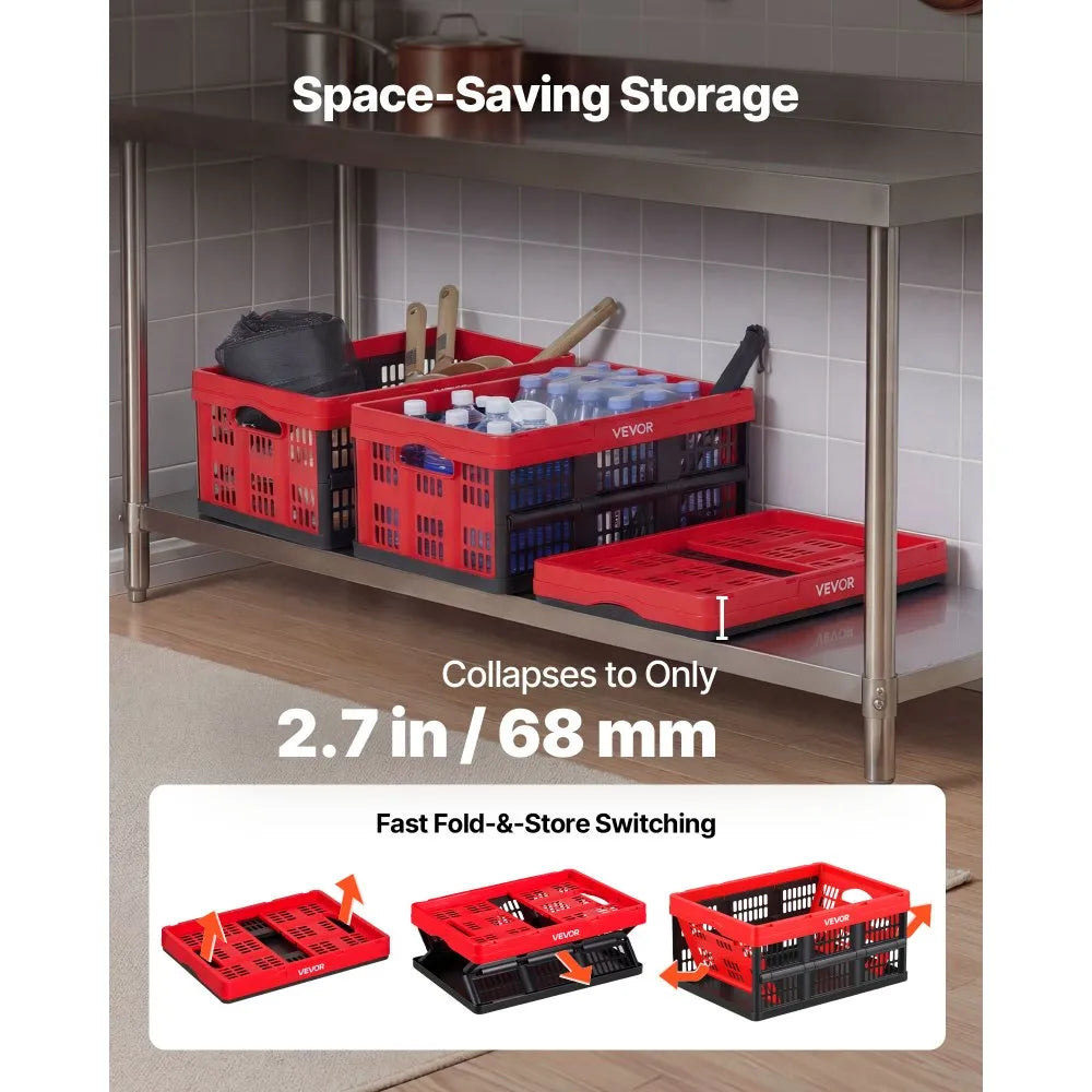 VEVOR Plastic Collapsible Storage Bins, 32L 3 Packs, Stackable Folding Storage Crates with Handles, Holds 26 lbs Per Bin, Foldable Heavy Duty Containers, Space-Saving Baskets, for Home Organizing