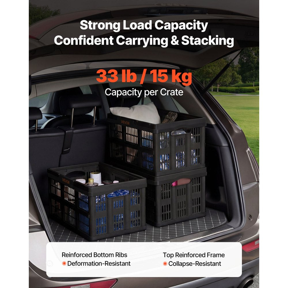 VEVOR Plastic Collapsible Storage Bins, 45L 3 Packs, Stackable Folding Storage Crates with Handles, Holds 33 lbs Per Bin, Foldable Heavy Duty Containers, Space-Saving Baskets, for Home Organizing