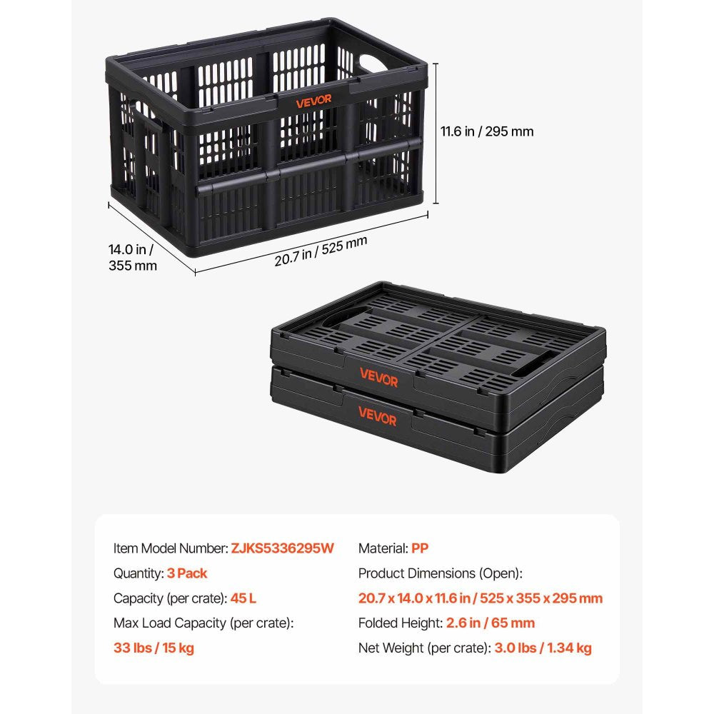 VEVOR Plastic Collapsible Storage Bins, 45L 3 Packs, Stackable Folding Storage Crates with Handles, Holds 33 lbs Per Bin, Foldable Heavy Duty Containers, Space-Saving Baskets, for Home Organizing