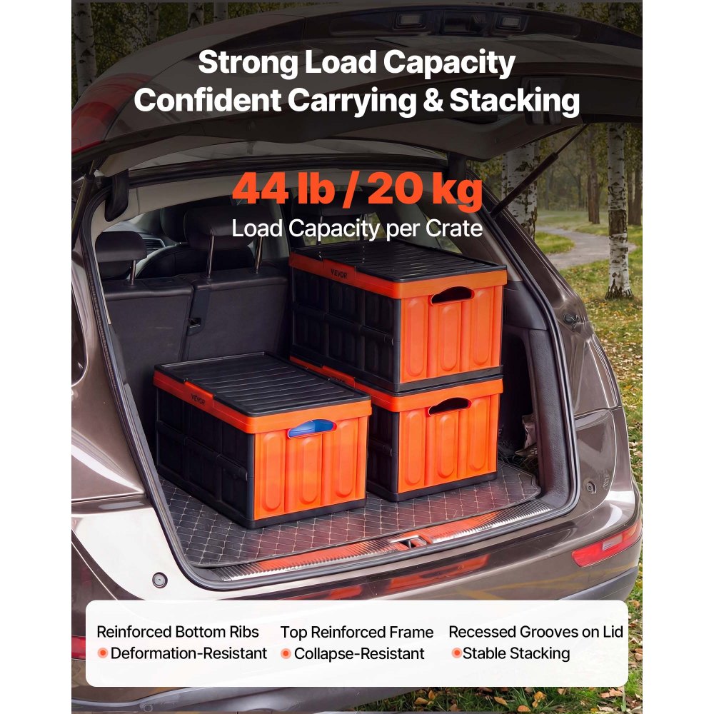 VEVOR Plastic Collapsible Storage Bins with Lids, 45L 3Packs, Stackable Folding Storage Crates with Handles, Holds 44 lbs Per Bin, Heavy Duty Containers, Space-Saving Baskets, for Home Organizing