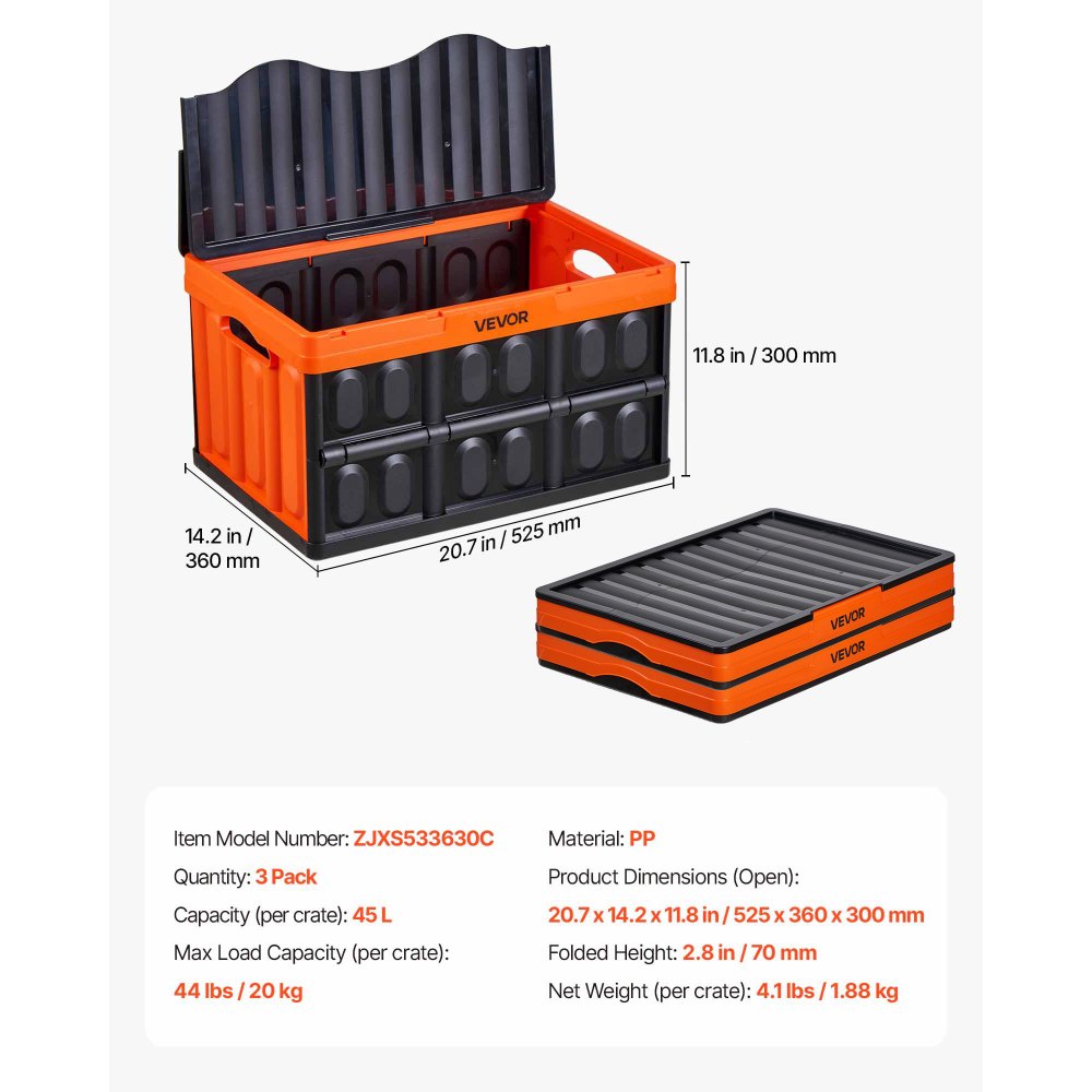 VEVOR Plastic Collapsible Storage Bins with Lids, 45L 3Packs, Stackable Folding Storage Crates with Handles, Holds 44 lbs Per Bin, Heavy Duty Containers, Space-Saving Baskets, for Home Organizing