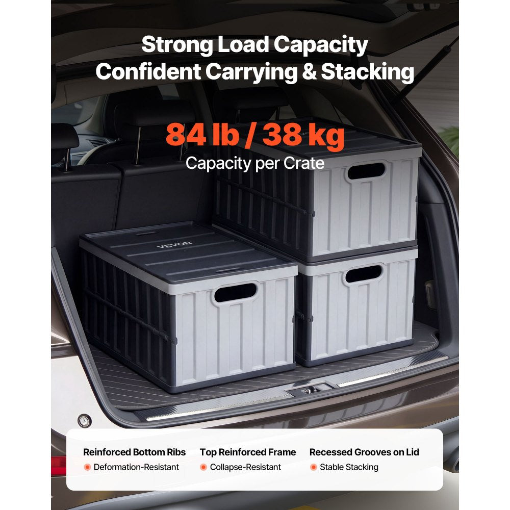 VEVOR Plastic Collapsible Storage Bins with Lids, 65L 3 Packs, Stackable Folding Storage Crates with Handles, Holds 84 lbs Per Bin, Heavy Duty Containers, Space-Saving Baskets, for Home Organizing