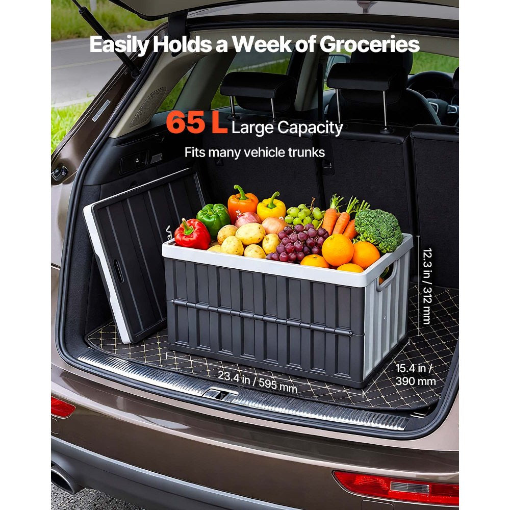VEVOR Plastic Collapsible Storage Bins with Lids, 65L 2 Packs, Stackable Folding Storage Crates with Handles, Holds 84 lbs Per Bin, Heavy Duty Containers, Space-Saving Baskets, for Home Organizing