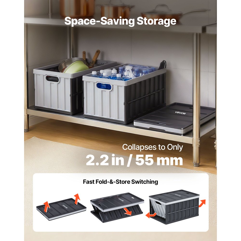 VEVOR Plastic Collapsible Storage Bins with Lids, 65L 2 Packs, Stackable Folding Storage Crates with Handles, Holds 84 lbs Per Bin, Heavy Duty Containers, Space-Saving Baskets, for Home Organizing