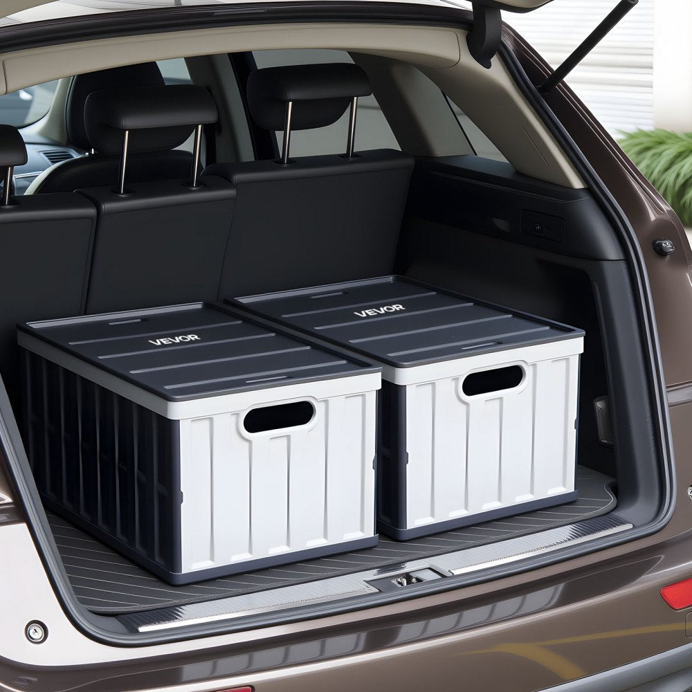 VEVOR Plastic Collapsible Storage Bins with Lids, 65L 2 Packs, Stackable Folding Storage Crates with Handles, Holds 84 lbs Per Bin, Heavy Duty Containers, Space-Saving Baskets, for Home Organizing