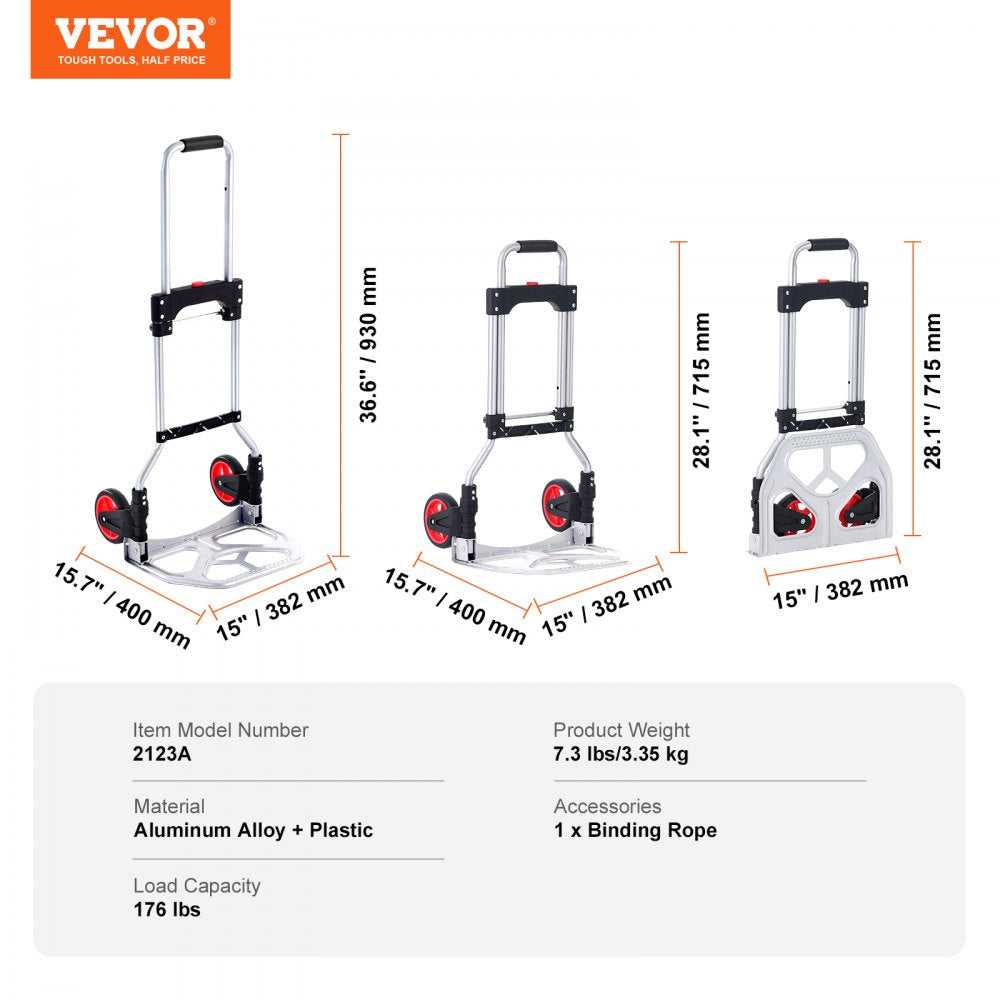 VEVOR Folding Hand Truck and Dolly, 176 lbs Capacity, Aluminum Foldable Cart, Heavy-Duty Luggage Trolley Cart with Telescoping Handle and PP+TPR Wheels for Home, Office, Shopping, Travel