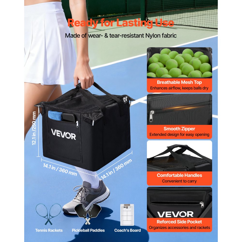 VEVOR Tennis Ball Hopper, Holds 120 Tennis Balls, Foldable Pickleball Basket Cart with Wheels for Easy Pick Up, Lightweight Aluminum Alloy, Portable Pickleball Caddy with Storage Bag, for Training