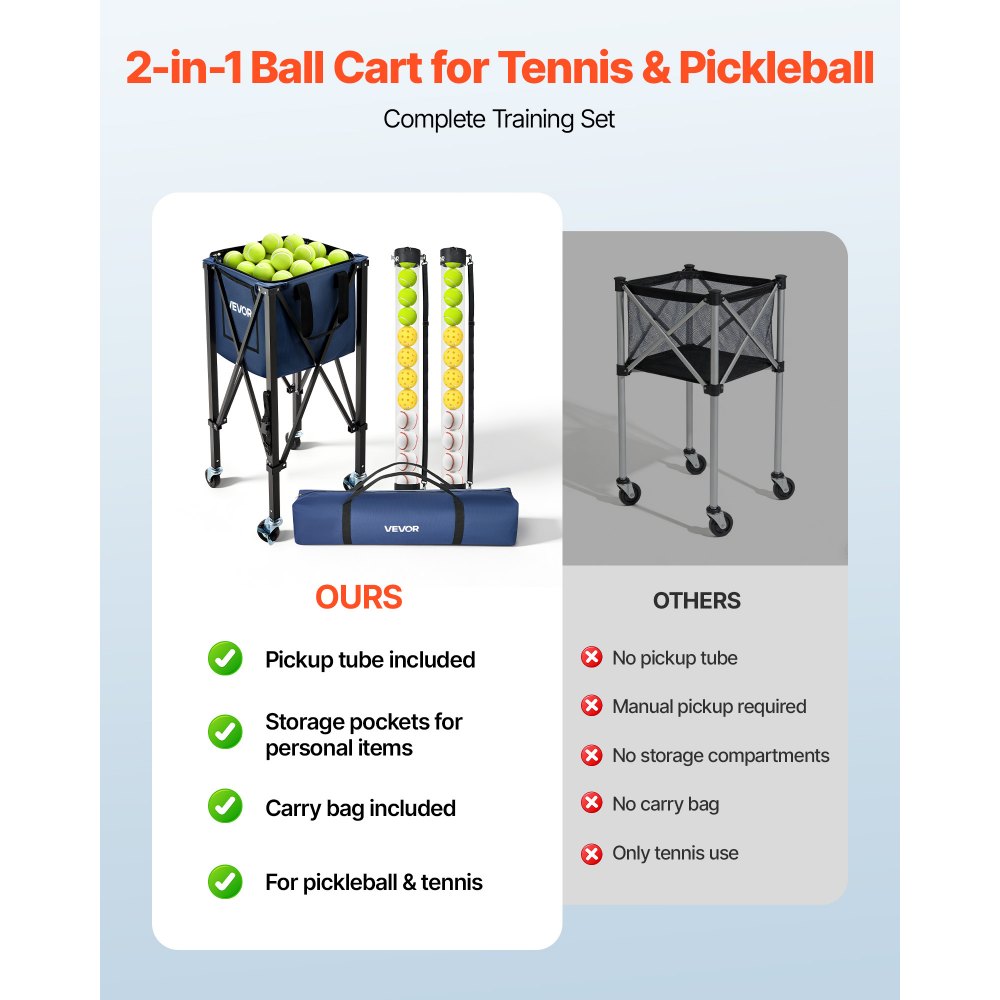 VEVOR 2-in-1 Tennis & Pickleball Hopper, with Pickup Tube, Foldable Pickleball Basket Cart with with Wheels, Holds 150 Tennis Balls or 260 Pickleballs, Portable Pickleball Caddy Holder, for Training