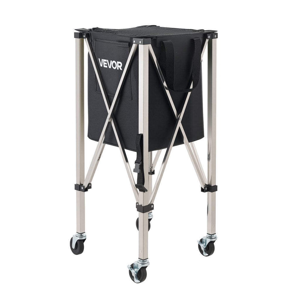 VEVOR Tennis Ball Hopper, Holds 200 Tennis Balls, Foldable Pickleball Basket Cart with Wheels for Easy Pick Up, Stainless Steel Portable Pickleball Cart Caddy with Storage Bag, for Training Teaching