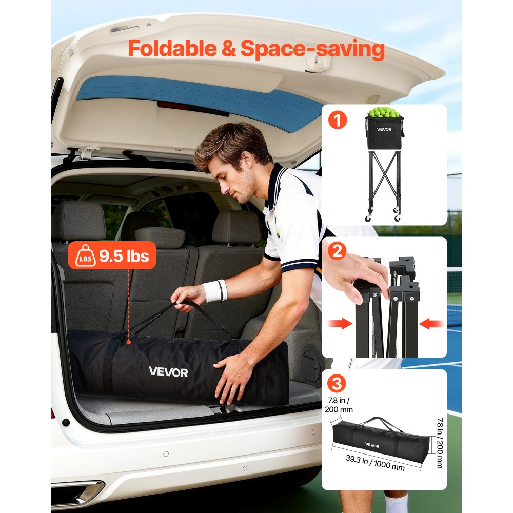 VEVOR Tennis Ball Hopper, Holds 150 Tennis Balls, Foldable Pickleball Basket Cart with Wheels for Easy Pick Up, Lightweight Aluminum Alloy, Portable Pickleball Caddy with Storage Bag, for Training