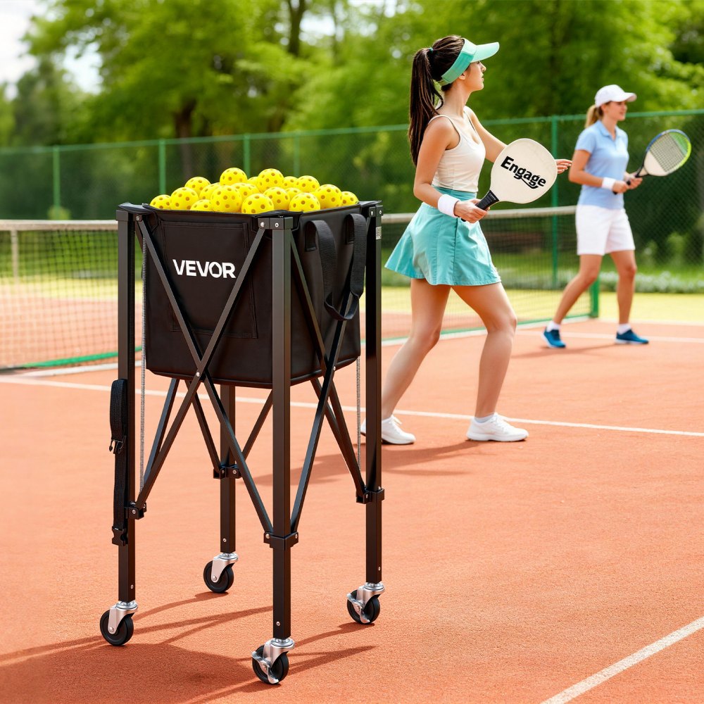 VEVOR Tennis Ball Hopper, Holds 150 Tennis Balls, Foldable Pickleball Basket Cart with Wheels for Easy Pick Up, Lightweight Aluminum Alloy, Portable Pickleball Caddy with Storage Bag, for Training
