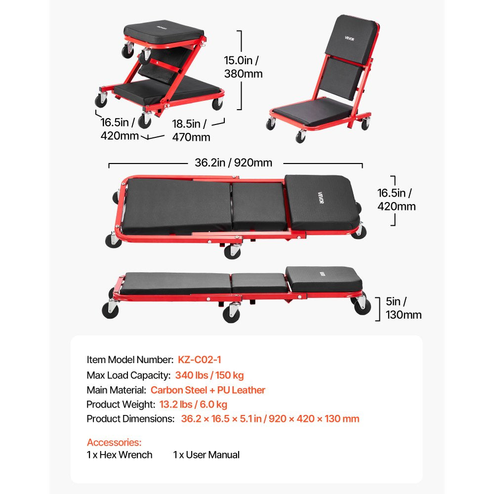 VEVOR 36 in 3-in-1 Folding Mechanic Creeper, Z-Creeper Garage Roller, 340 lbs Under Car Rolling Creeper with 6 Swivel Casters, Padded Headrest, Lay Down or Sit for Auto Repair