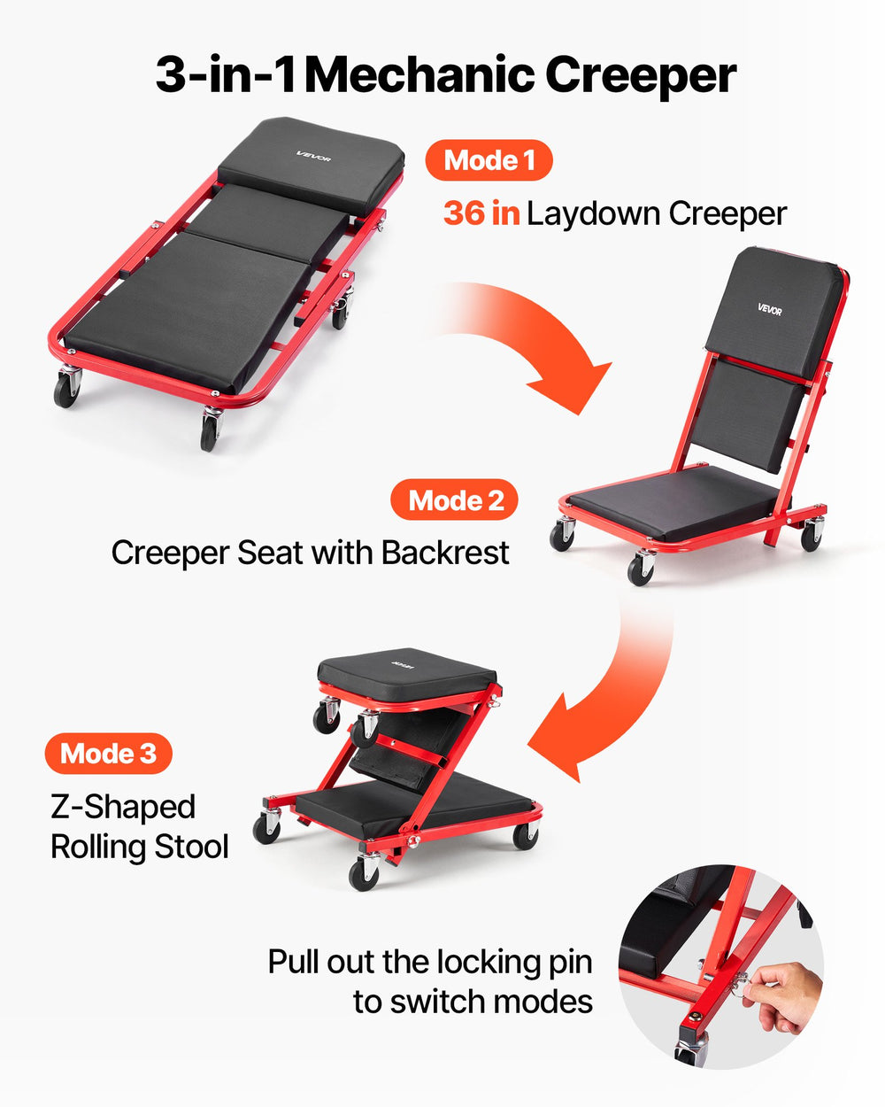 VEVOR 36 in 3-in-1 Folding Mechanic Creeper, Z-Creeper Garage Roller, 340 lbs Under Car Rolling Creeper with 6 Swivel Casters, Padded Headrest, Lay Down or Sit for Auto Repair