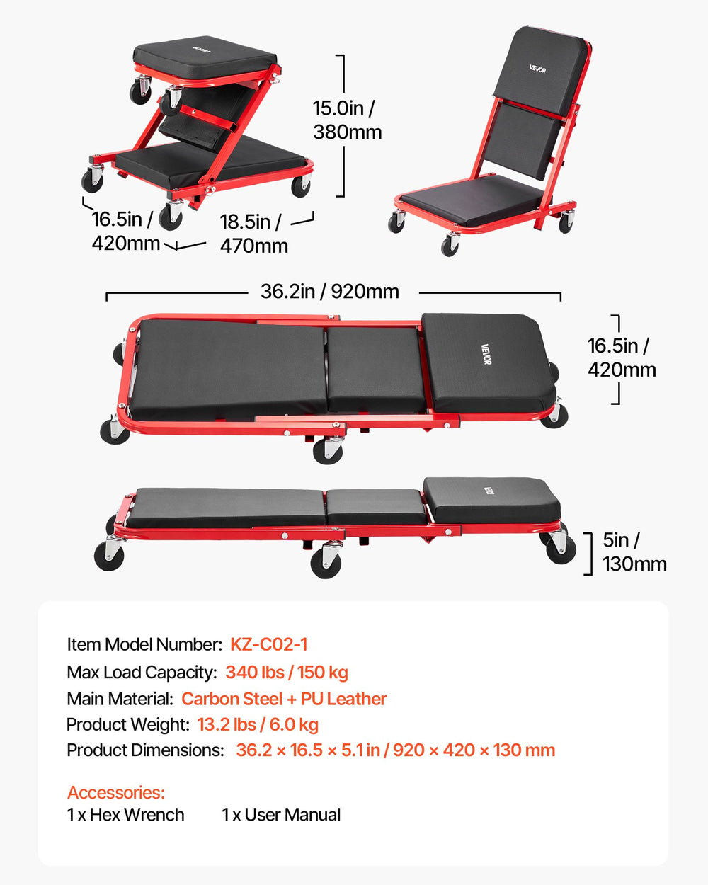VEVOR 36 in 3-in-1 Folding Mechanic Creeper, Z-Creeper Garage Roller, 340 lbs Under Car Rolling Creeper with 6 Swivel Casters, Padded Headrest, Lay Down or Sit for Auto Repair
