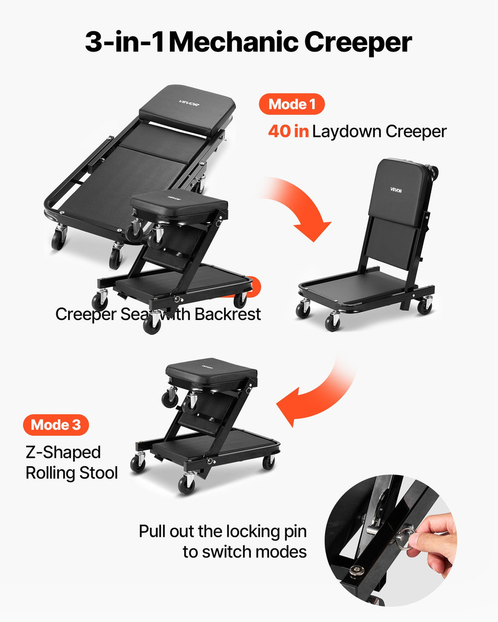 VEVOR 40 in 3-in-1 Folding Mechanic Creeper, Heavy Duty Z-Creeper Garage Roller, 480 lbs Under Car Rolling Creeper with 6 Swivel Casters, Padded Seat for Auto Repair