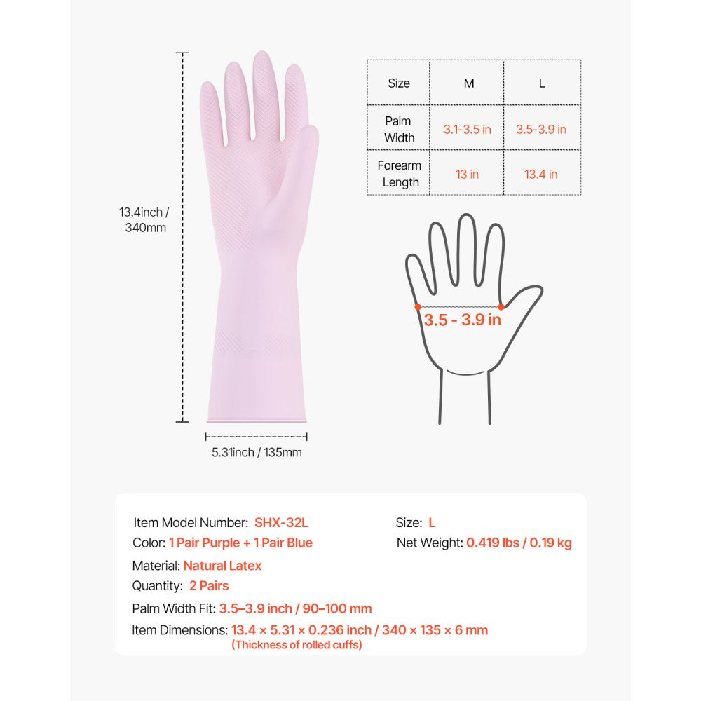 VEVOR Reusable Dishwashing Gloves, 2 Pairs Colorful Reusable Household Kitchen Cleaning Gloves for Washing Dishes and Cleaning Tasks, Flexible Long-lasting and Non-Slip, Large, Pink + Purple