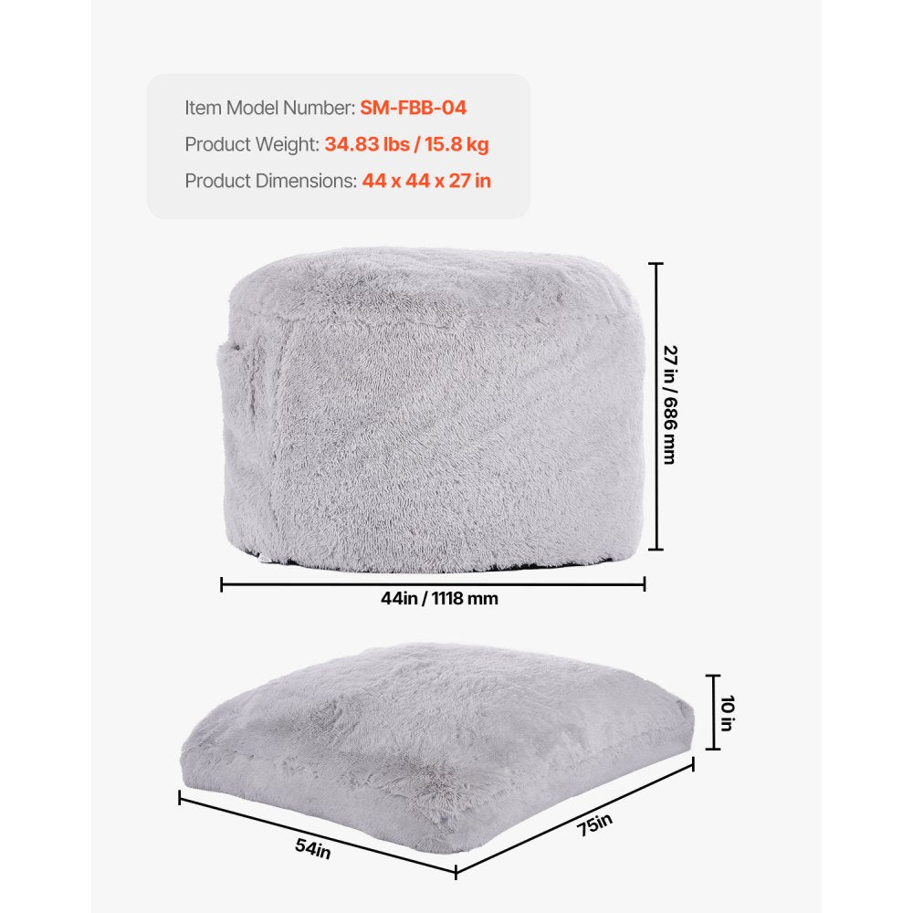 VEVOR Bean Bag Bed Chair, Convertible Chair from BeanBag to Lounge or Mattress, Gaint Bean Bag Chair Bed with Washable Cover for Adults, Fluffy Plush, Foam Filling and Side Pocket, Grey(Full Size)
