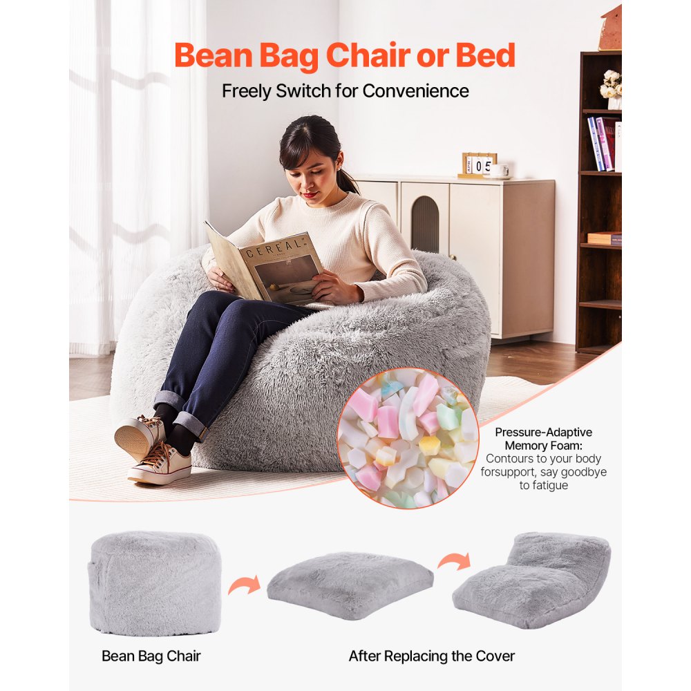 VEVOR Bean Bag Bed Chair, Convertible Chair from BeanBag to Lounge or Mattress, Gaint Bean Bag Chair Bed with Washable Cover for Adults, Fluffy Plush, Foam Filling and Side Pocket, Grey(Full Size)