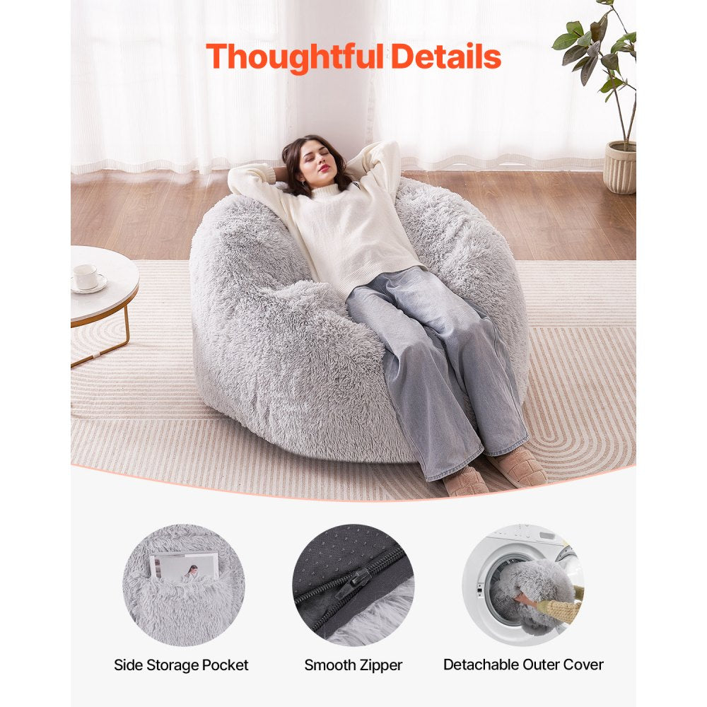 VEVOR Bean Bag Bed Chair, Convertible Chair from BeanBag to Lounge or Mattress, Gaint Bean Bag Chair Bed with Washable Cover for Adults, Fluffy Plush, Foam Filling and Side Pocket, Grey(Full Size)