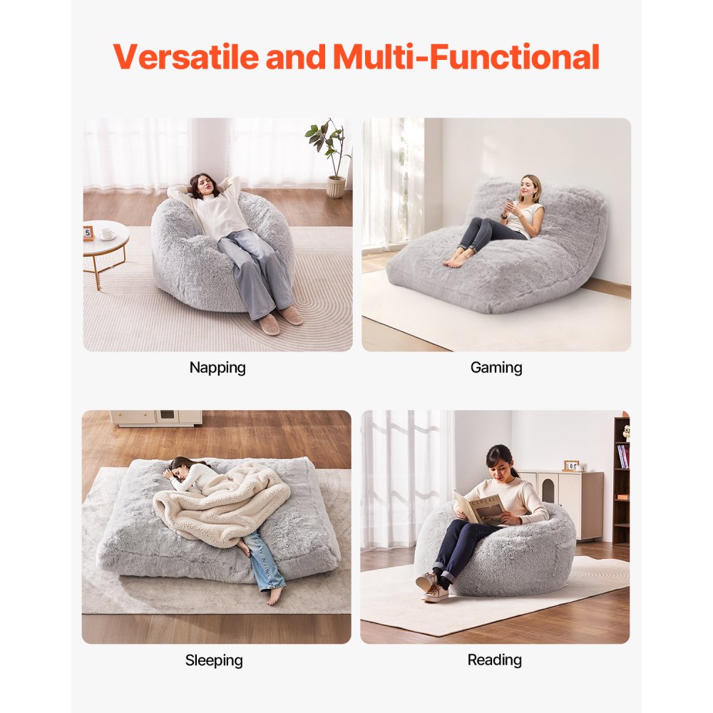 VEVOR Bean Bag Bed Chair, Convertible Chair from BeanBag to Lounge or Mattress, Gaint Bean Bag Chair Bed with Washable Cover for Adults, Fluffy Plush, Foam Filling and Side Pocket, Grey(Full Size)