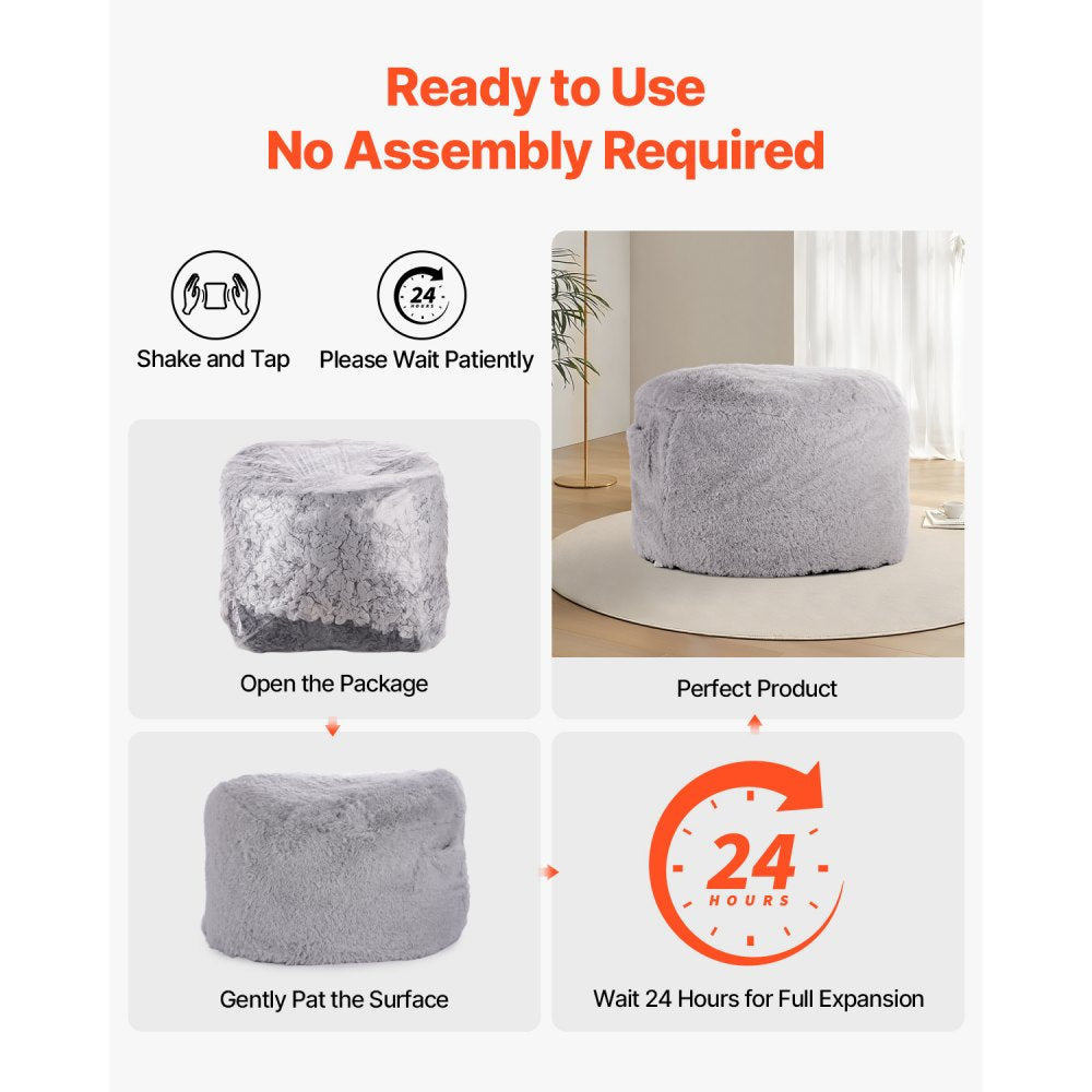 VEVOR Bean Bag Bed Chair, Convertible Chair from BeanBag to Lounge or Mattress, Gaint Bean Bag Chair Bed with Washable Cover for Adults, Fluffy Plush, Foam Filling and Side Pocket, Grey(Full Size)
