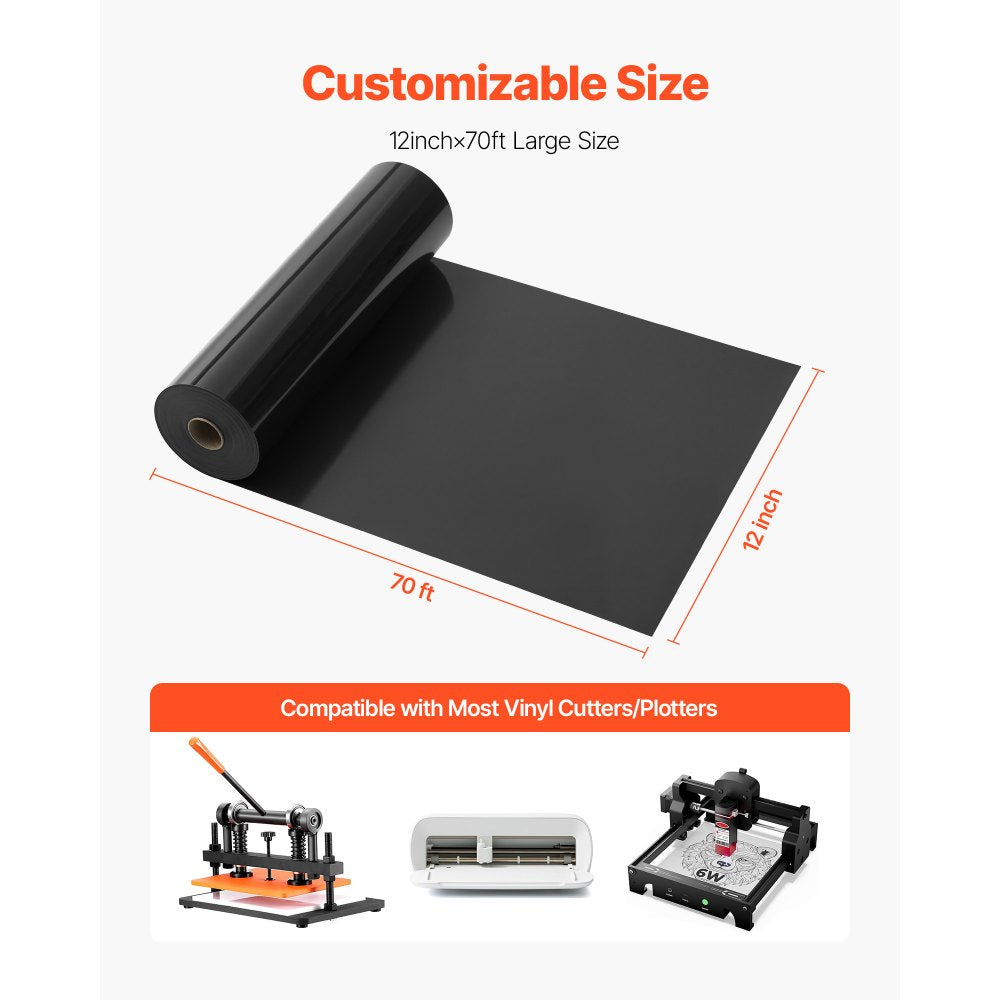 VEVOR Heat Transfer Vinyl, 12 in x 70 ft, Glossy Black HTV Iron on Vinyl Roll, Easy to Cut and Weed, Strong Adhesion, Compatible with Cutting Machines, for Various Materials, T-shirts, Pillows, Hats