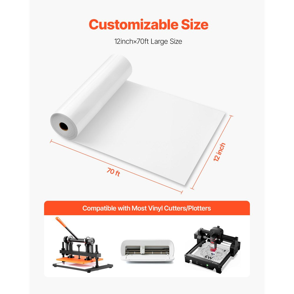VEVOR Heat Transfer Vinyl, 12 in x 70 ft, Glossy White HTV Iron on Vinyl Roll, Easy to Cut and Weed, Strong Adhesion, Compatible with Cutting Machines, for Various Materials, T-shirts, Pillows, Hats
