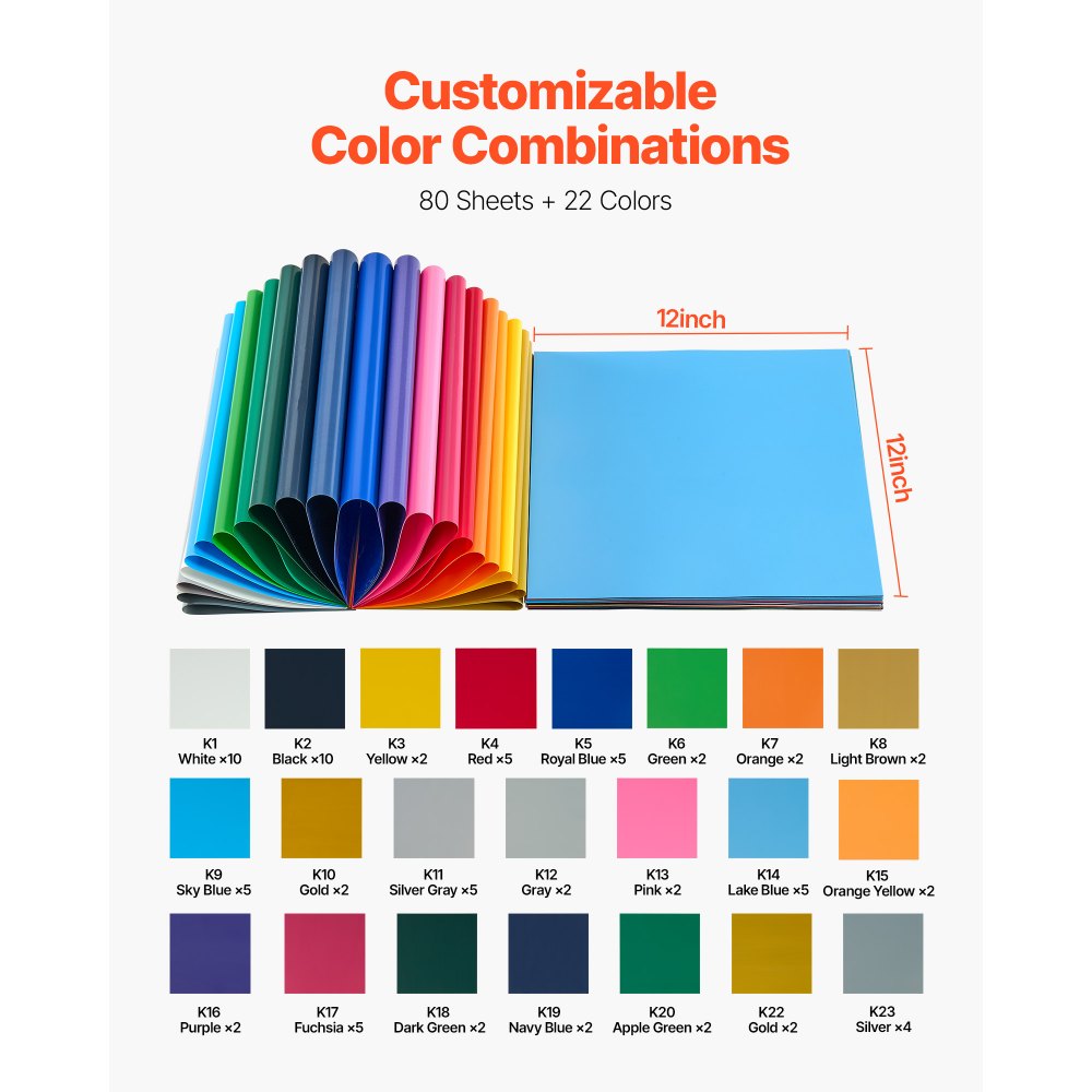 VEVOR Heat Transfer Vinyl, 80 Pack, 12 x 12 in, Assorted Colors HTV Iron on Vinyl Bundle, Easy to Cut and Weed, with Accessories, Compatible with Cutting Machines, for Various Materials, T-shirts